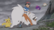 Lycanroc gets pushed into the rain with Ash and the rest of their friends