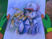 Ash and Pikachu's portrait by Bianca before departing Alto Mare