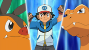 Ash orders Charizard and Pignite to use Flamethrower