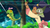 Iris swings vines with Caterpie