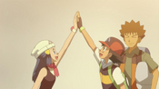 Dawn and Ash high-fiving
