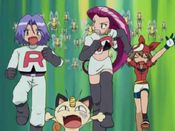 May and Team Rocket run away from Beedrill