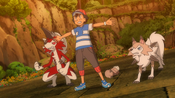 Ash tries to defend Rockruff from Tapu Lele