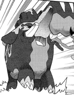 Peony used Copperajah to battle Marnie's Morgrem, but lost after the latter evolved into a Grimmsnarl.