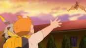 Sophocles and Togedemaru wave goodbye to Kiawe and Charizard