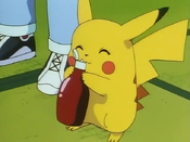 Ash's Pikachu shows his love for ketchup.