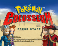 Fourth title screen. Features the two main protagonists of Colosseum one the left with the two protagonists of Ruby and Sapphire opposite of them.