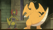 Both Ash's Dragonite and Iris' Haxorus are now continue to battle