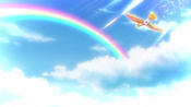 Ash and Pikachu in a flashback witnessing Ho-Oh in the sky