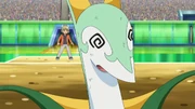 Serperior has been defeated by Ash's Pikachu.