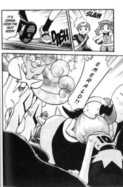 A mind-controlled Anabel battling Emerald with her Raikou.