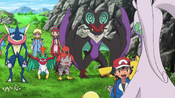 Ash shows his Pokémon team to Goodra