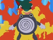 Quilava hits Poliwhirl with Flamethrower