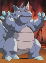 Rhydon was the second Pokémon Blaine used in his Gym Battle with Ash. It won against Ash's Charizard when it left the ring but lost to Pikachu when it shocked its horn like a lightning rod.