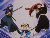 Meowth, James and Jessie chant their motto