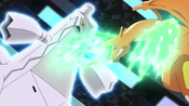 Charizard landing an attack while Duraludon defends itself