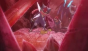 Ash, Alain and their Pokémon inside the megalith.