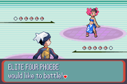 The start of the battle against Phoebe in Pokémon Ruby Version and Pokémon Sapphire Version