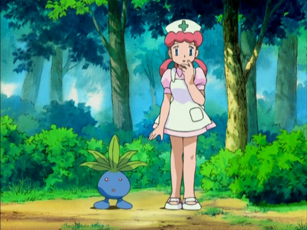 This Oddish is a grass/poison-type Pokémon owned by Nurse Joy. 