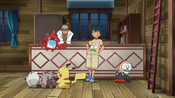 Ash and the Pokémon at Professor Kukui's house