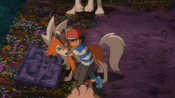 Ash runs up to give Lycanroc a hug