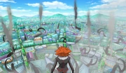 Lysandre watches as Zygarde unleashes chaos on Lumiose City.