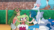 Primarina, Tsareena and their trainers giving their thanks to the crowds