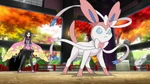 Valerie sent her Sylveon in the battle against Ash's Fletchinder. Sylveon used its ribbons to hold Fletchinder, but lost to its Steel Wing attack.