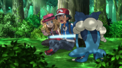 Ash asks of Frogadier to cut the net