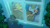 Ash sleeps with Caterpie and Pikachu