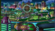 Nimbasa City at nighttime in anime.