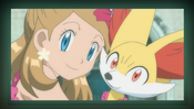 Serena's star earings and Fennekin with pink dress