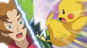 Pikachu uses Iron Tail, attacking Leavanny