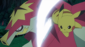 Ash and Kiawe battling to train, with Pikachu against Turtonator