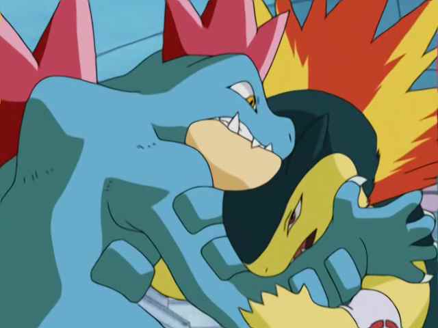 En Feraligatr kæmper mod et Typhlosion.