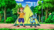 Cameron and Riolu set up the tent