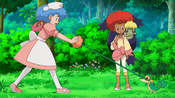 Nurse Joy putting a curly wig on Snivy