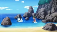 Thomas and Piplup splashing each other.