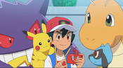 Ash, Pikachu, Dragonite, Gengar and Riolu