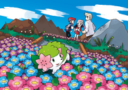 Lucas and Dawn discovering Shaymin with Professor Oak