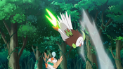 Rowlet, while asleep, avoids Dartrix's Leaf Blade