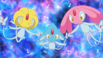 The three Pokémon first appeared in their physical forms when J was tasked to capture them for Team Galactic. Using fragments of the Red Chain, Cyrus was able to gain control of the three of them and use them to call forth Dialga and Palkia on the Spear Pillar. They were later set free from their control by Ash Ketchum's and his friends's Pokémon.