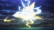 Pikachu stops a lighting bolt with his Thunderbolt.