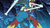 Lucario attacks Blaziken with Bone Rush