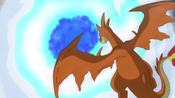 Alain's Mega Charizard's Flamethrower approaches Trevor's Mega Charizard