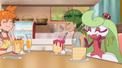 Misty, Mallow and Tsareena eating pancakes