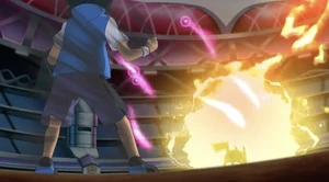 Ash and Pikachu using the power of Gigantamax.