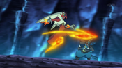 Lucario dodges Blaziken's Blaze Kick