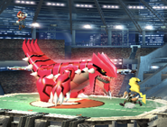 Groudon with Fox, Mario, and Pikachu on the Pokémon Stadium 2 stage.