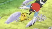 Pikachu and Fletchling dodges the gobs